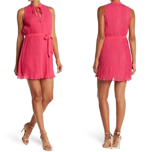 NWT LAUNDRY Bow Tie Neck Sleeveless Tie-Waist Micro Pleat Chiffon Shift Dress 12 - Picture 1 of 9